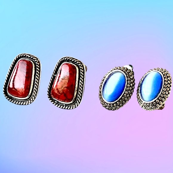 Vintage Earrings Silvertone and Faux Gemstones Screwback + Clip On 2 pairs - Picture 7 of 12